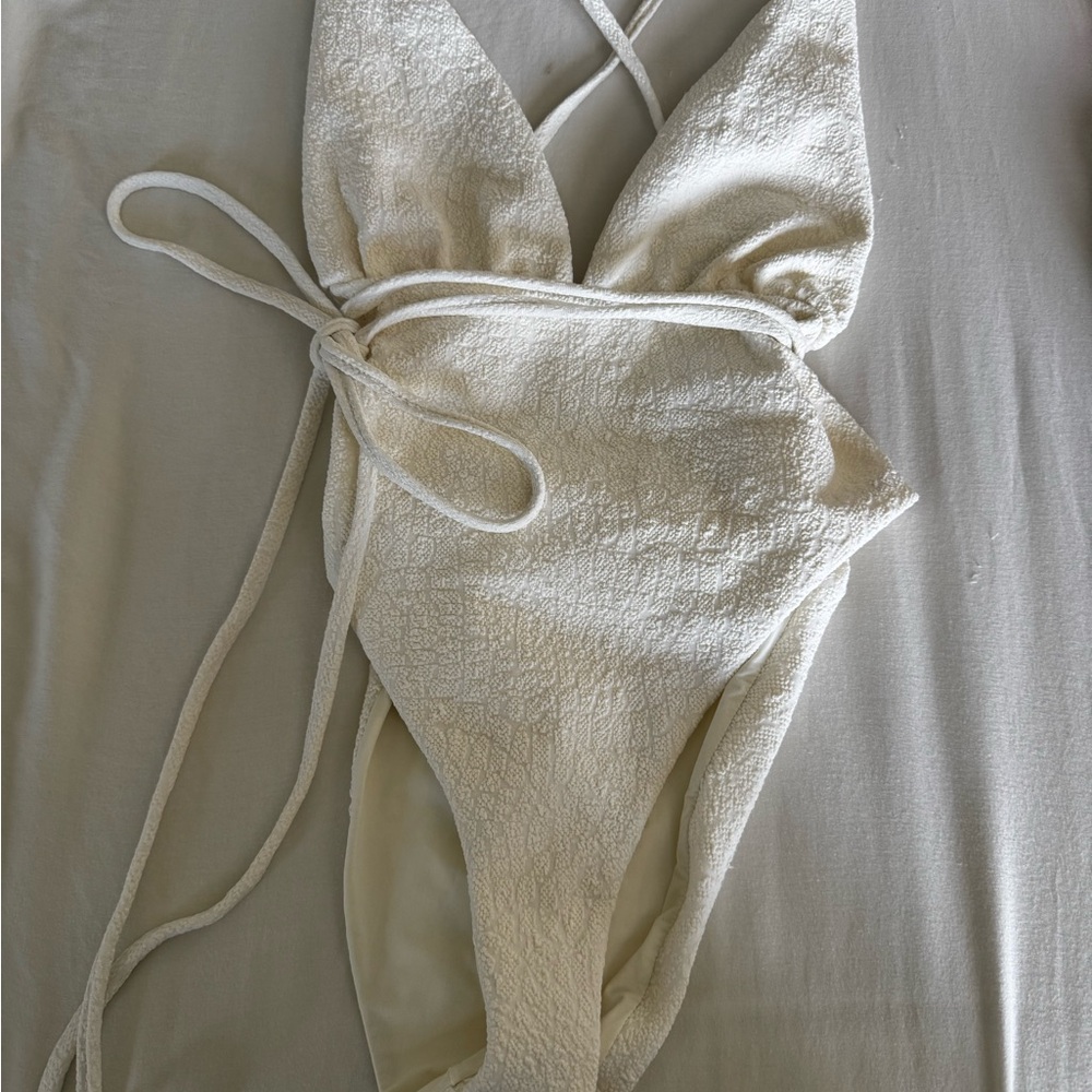 DEVON WINDSOR Cream Ribbed Swimsuit with Tie Details